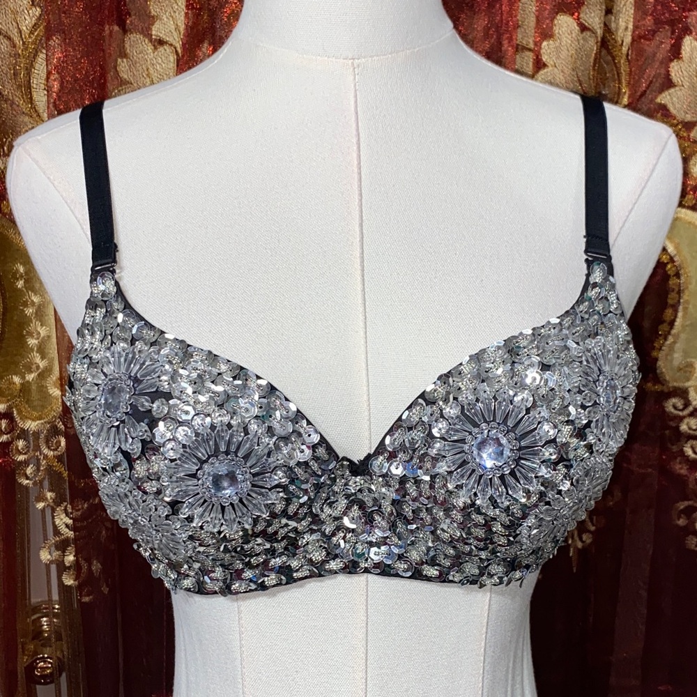 Vintage Silver Sequin Embellished Bra with Floral Crystal Accents